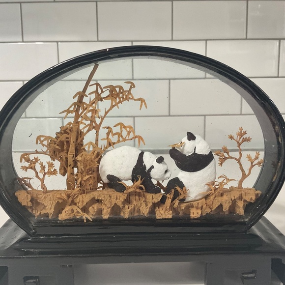VTG Chinese Cork Carving Diorama Pandas Wood Case - Picture 3 of 6